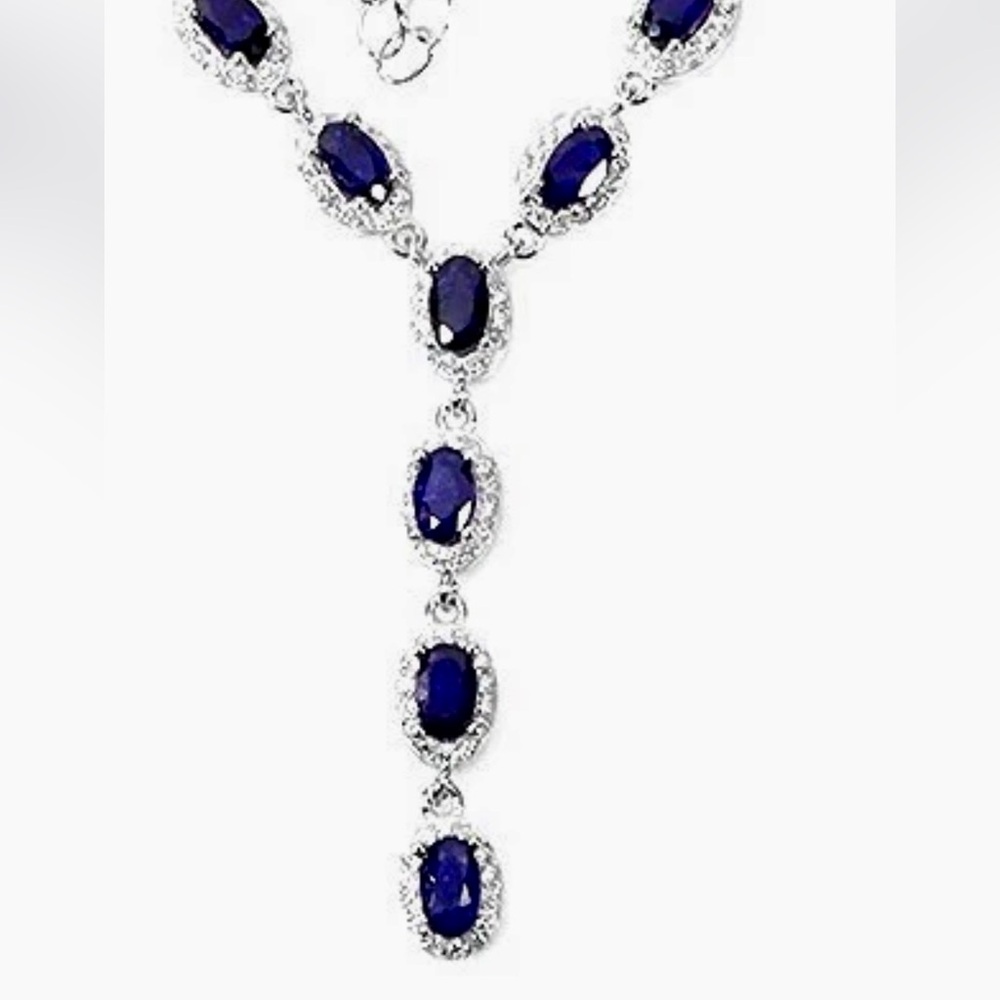 10ct BLUE SAPPHIRE Tennis Necklace white Sapphire 14k white Gold on 925 Silver